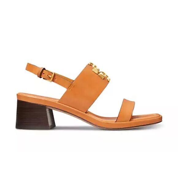 Tory Burch Women's Eleanor Block Heel Leather Sandals Size 9 Brandy Cognac Brown - Picture 2 of 6